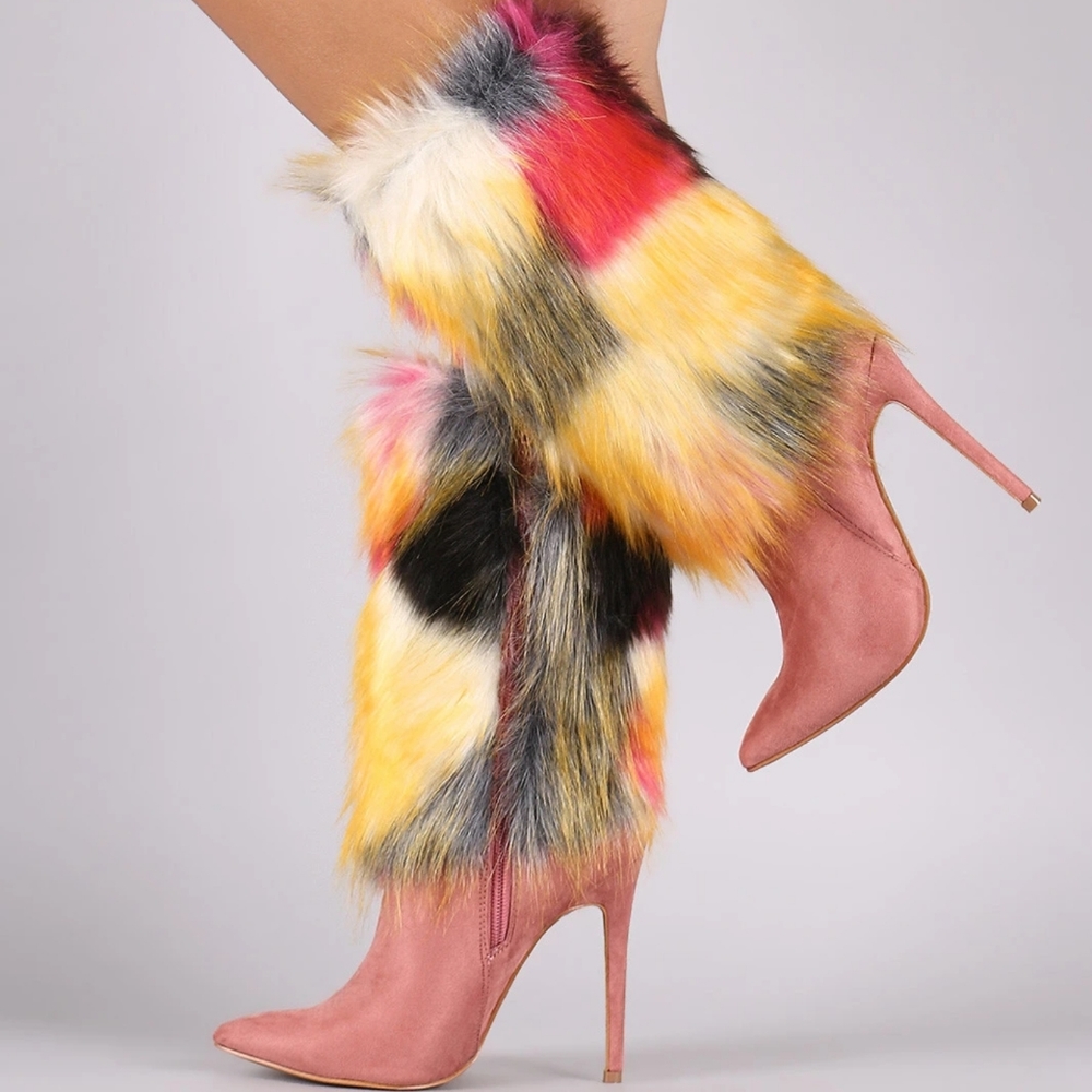 Shoe Republic LA Pink Suede Stiletto Boots with Multicolor Faux Fur Leg Warmers